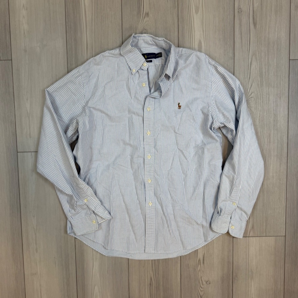Ralph Lauren Mens Custom Fit Striped Oxford Button Down Shirt Blue White Large